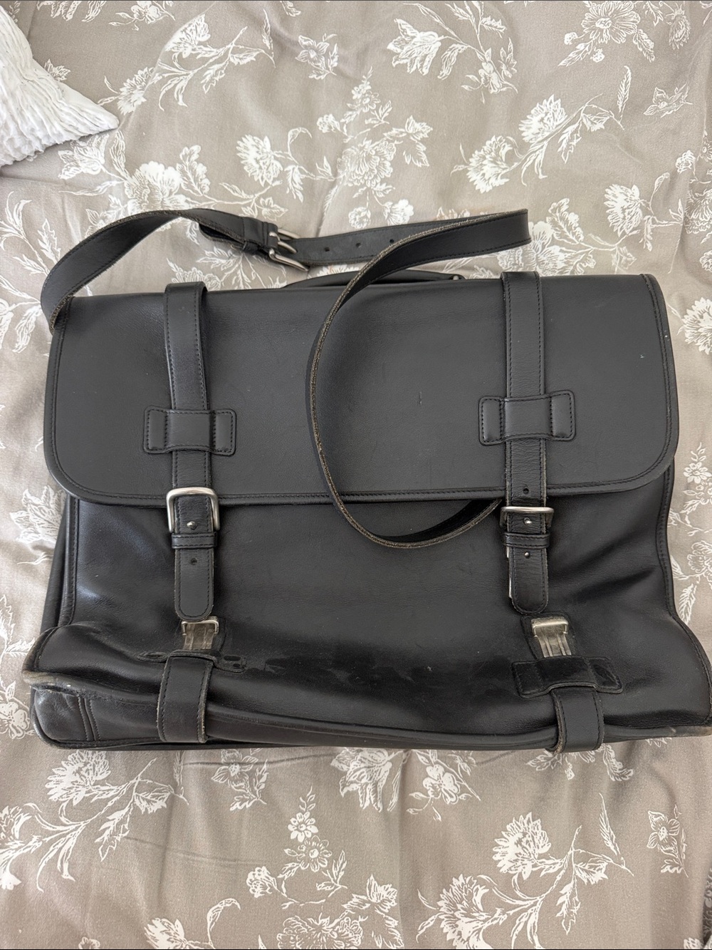 Coach Black Leather Messenger Bag with Buckle Straps